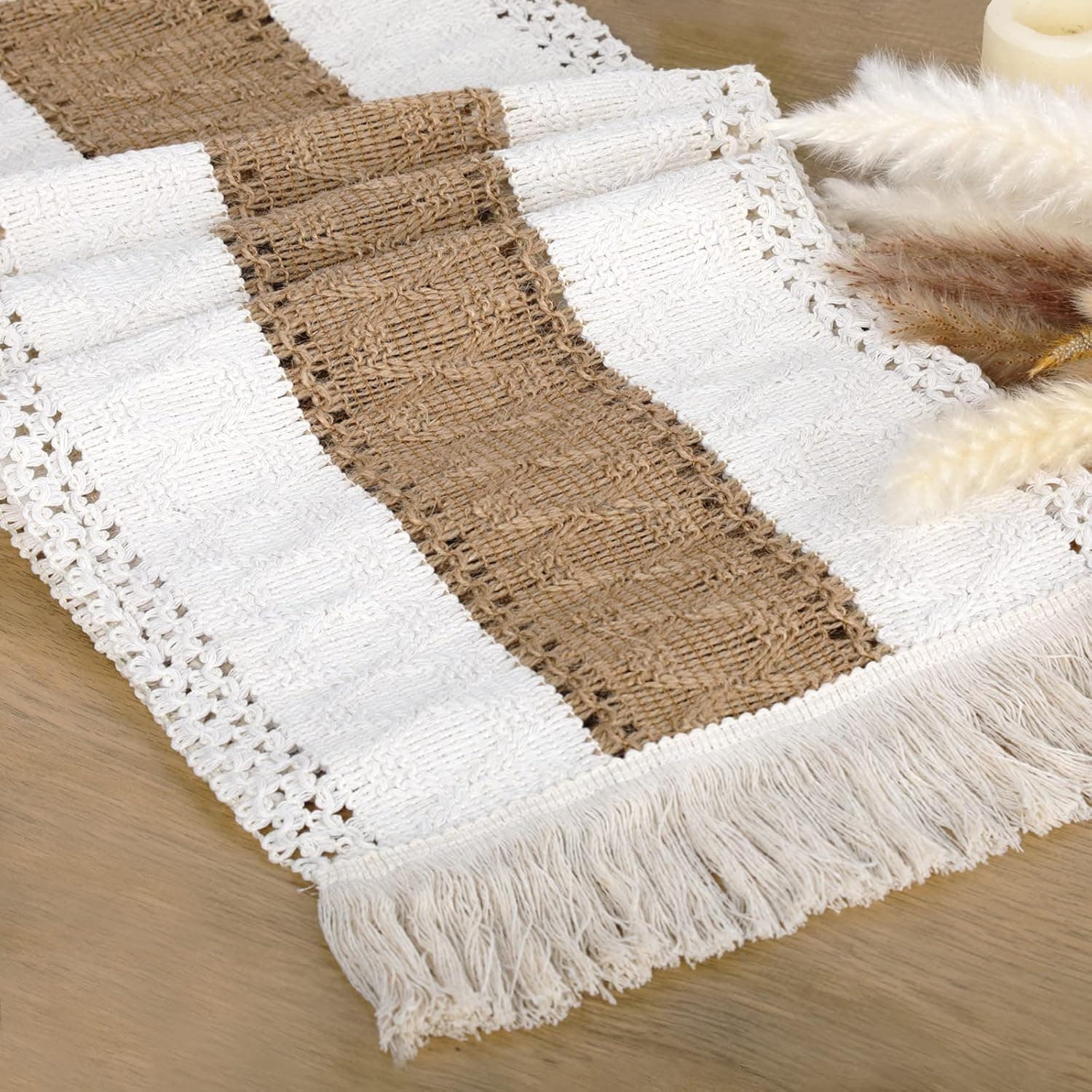 Boho Table Runners 72 Inches Long Burlap Table Runners Macrame Splicing Table Runner with Tassel CoFashion Fall Table Runners for Bohemian Wedding Home Dining Table Boho Decor