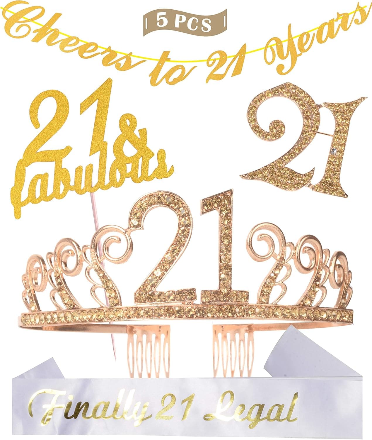 21st Birthday Decorations Party Supplies, 21st Birthday Tiara, 21st White Satin Sash Finally 21 Legal, Gold Glittery Cheers to 21 Years Banner, 21& Fabulous Cake Topper, 21st Birthday Gifts for Women