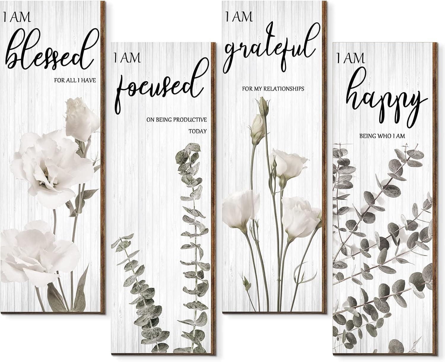 4 Pieces Peony Flower Bedroom Art Wall Sign Inspirational Quotes Modern Wooden Hanging Wall Art Decors Plant Peony Flower Art Print Boho Signs Home Bedroom Living Room Wall Decors for Girls Women