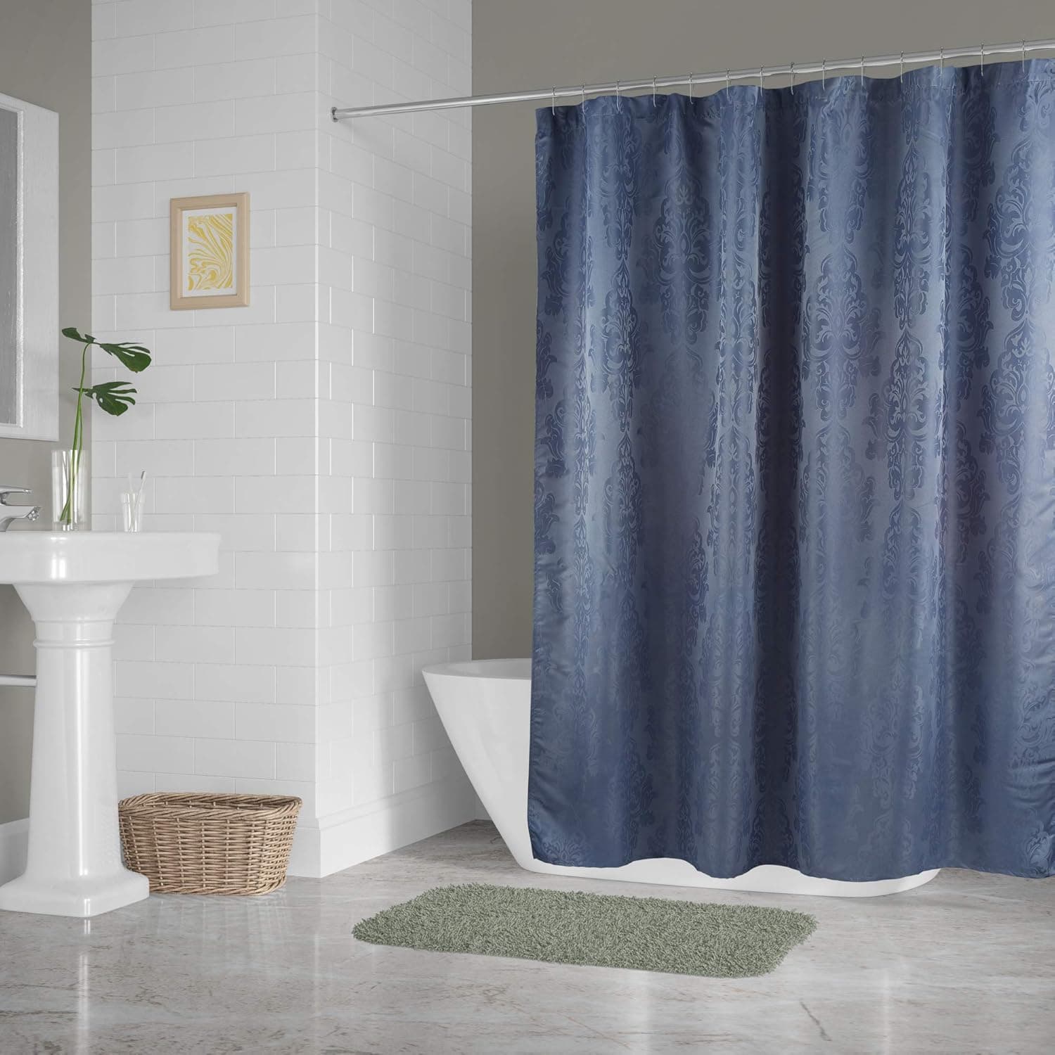 DII Everyday 100% Polyester Extra Long Bath Fabric Shower Curtain for Bathroom, 72x72- Stone Blue Damask