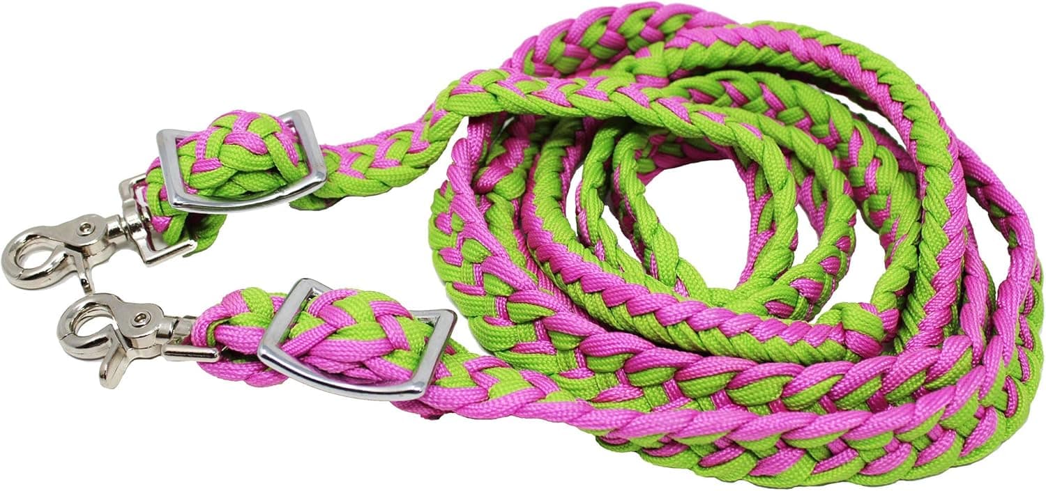 CHALLENGER Horse Knotted Braided Roping Western Barrel Reins Nylon Pink Lime Green 60790