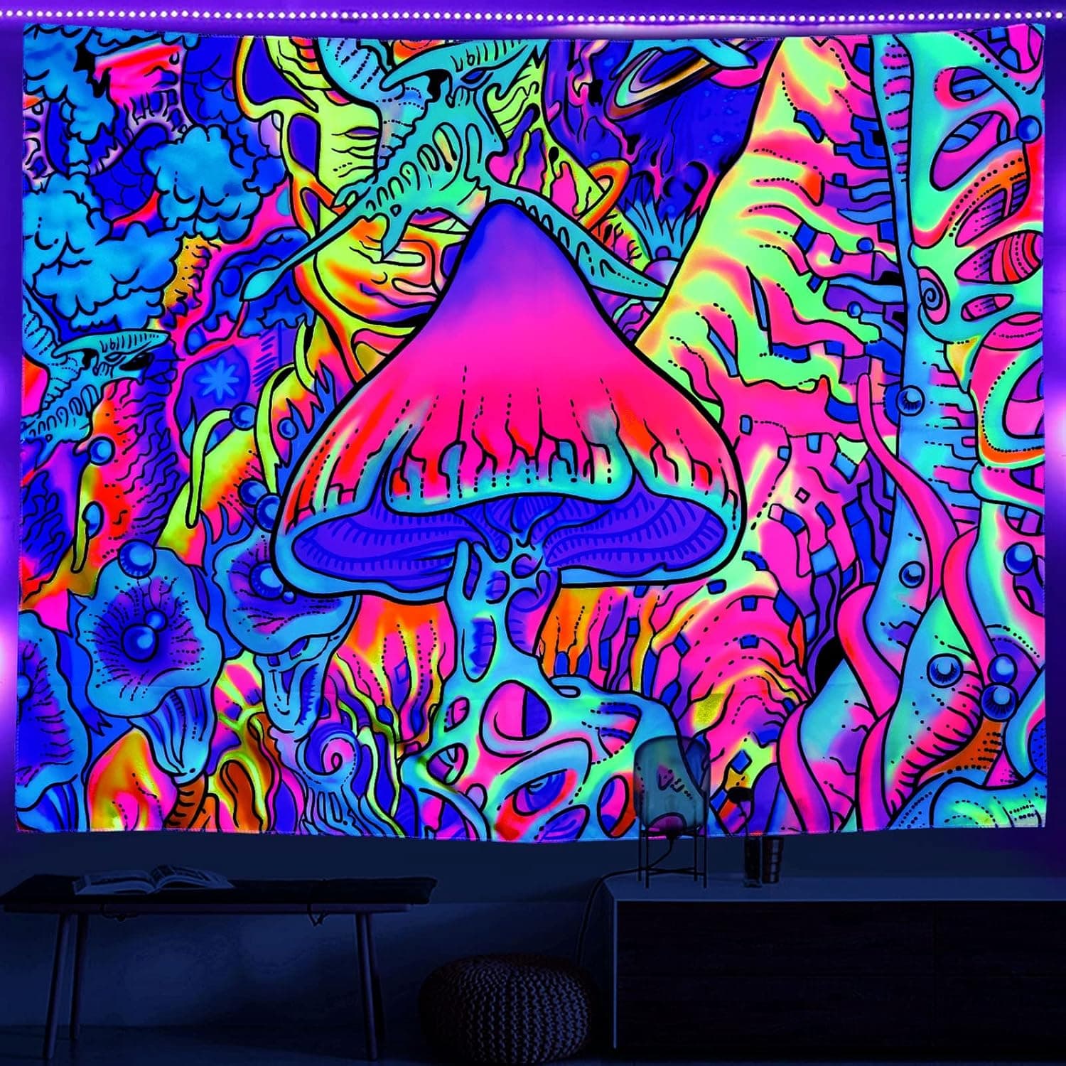 THXIY Blacklight Mushroom Tapestry, Colorful Hippie UV Reactive Black Light Tapestries for Bedroom Aesthetic Living Room Dorm Decor (Colorful Mushroom, L59.1''X W39.4'')