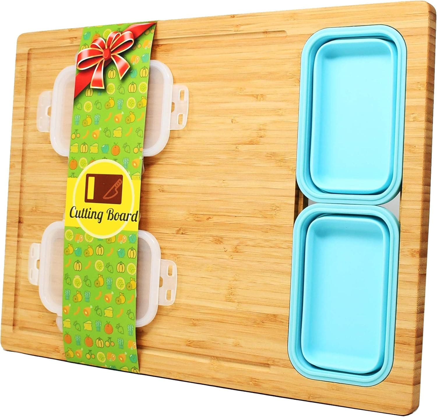 Yishobo Large Bamboo Cutting Board For Kitchen,With Juice Groove and 2 Containers,Organic Bamboo Food Tray for Meat, Vegetables, Fruit and Cheese (14 x 19")
