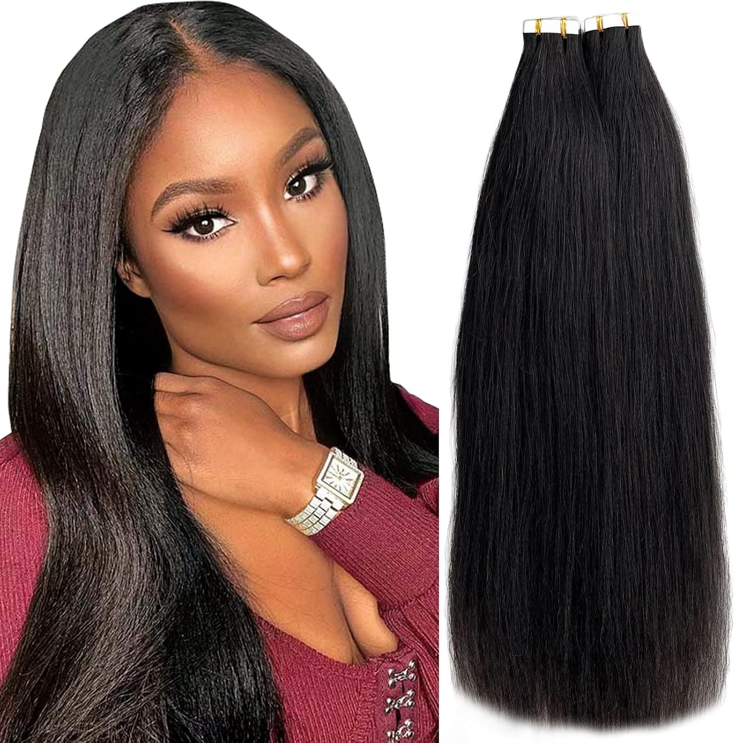 Tape in Hair Extensions Human Hair Black Women Yaki Straight 20 Inch 20pcs 50g 100% Real Human Hair Extensions Seamless Double Sided Natural Black Remy Tape ins Human Hair Extensions Full Head