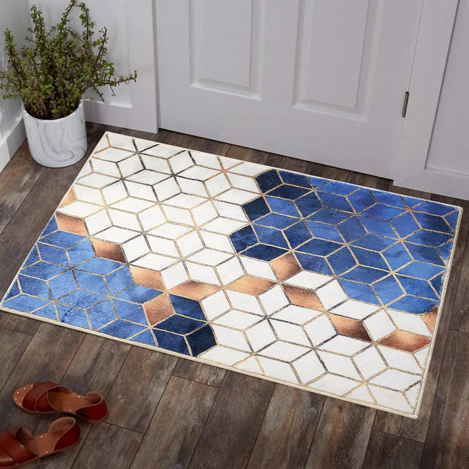 YoKii Blue and White Modern Geometric Throw Rug 2x3 Faux Wool Small Area Rug Washable Contemporary Bathroom Rug Abstract Marble Cube and Gold Metallic Lines Low Pile Indoor Doormat (2x3, White)
