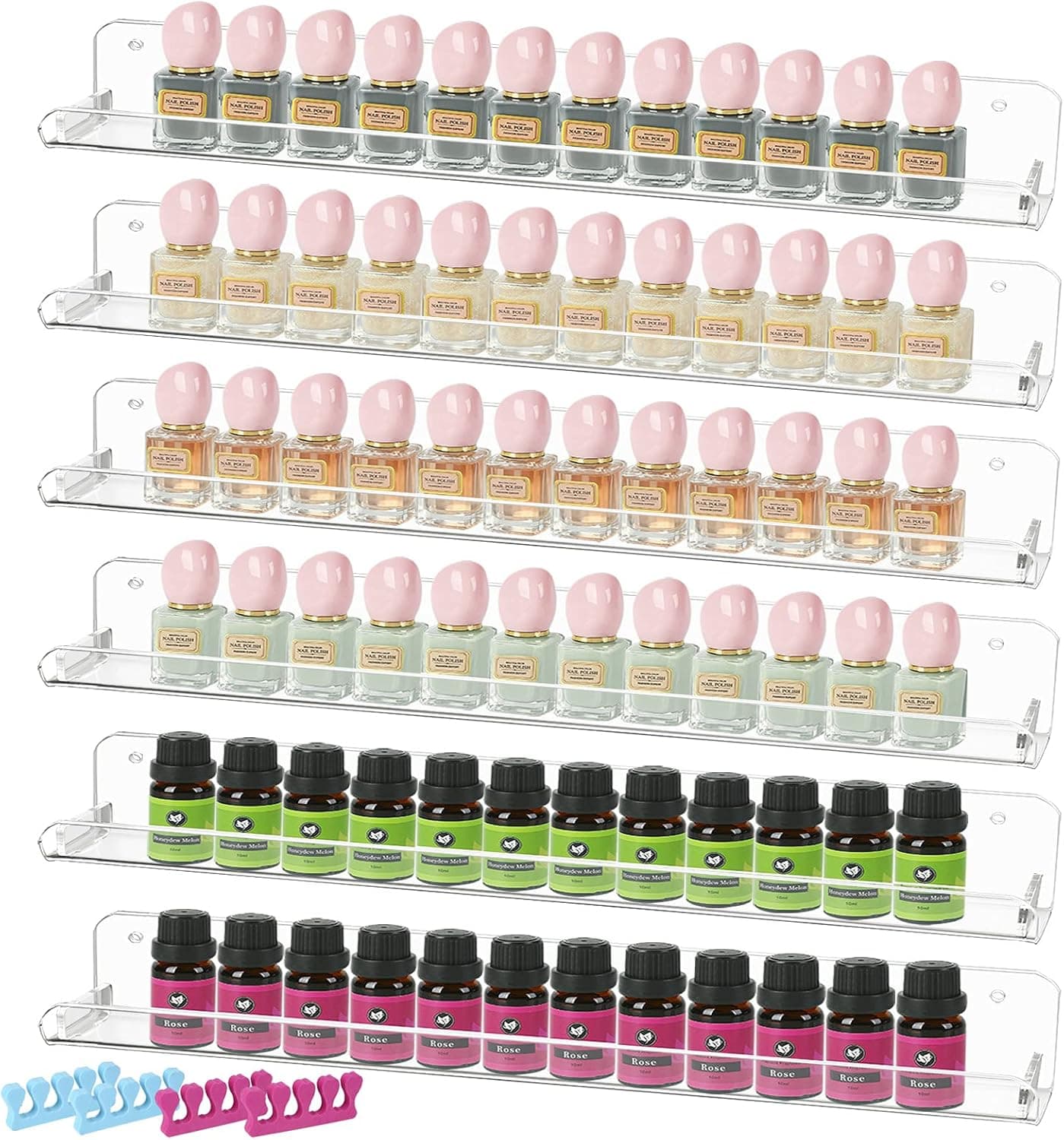 Forzacx 6 Pack Nail Polish Rack, Use Tape or Screws 2 Ways Easy to Install, with Toe Separators, Anti-slip End Inserts and Spirit Level, Clear Acrylic Nail Polish Organizer Display 60-90 Bottles