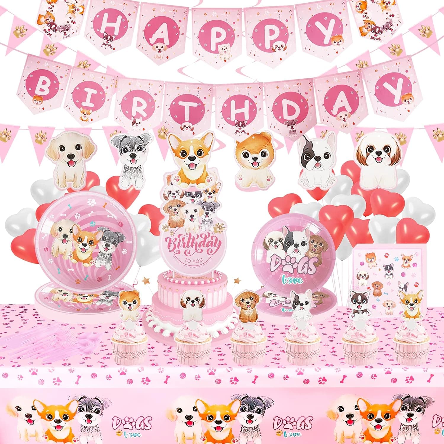 133Pcs Pink Dog Birthday Party Supplies Set, Plates, Napkins, Knives, Spoons, Forks, Table Cloth, 12 inch Balloons, Happy Birthday Banner for Pink Dog Themed Party Supplies Decorations