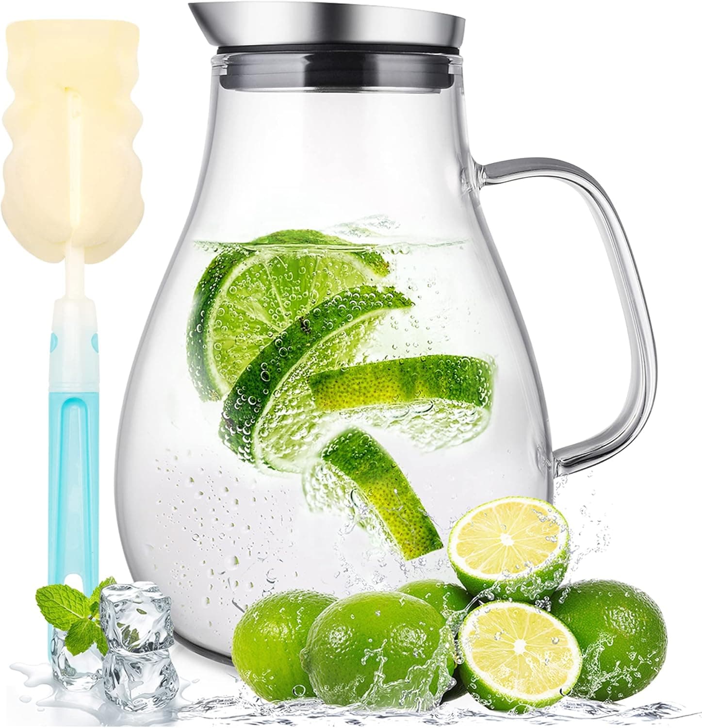 SUSTEAS 2 Liter Glass Pitcher, Water Pitcher with Removable Lid And Wide Handle, Easy Clean Juice Jug for Fridge, Beverage Carafe for Cold/Hot Water, Iced Tea, 1 Free Long-Handled Brush Included