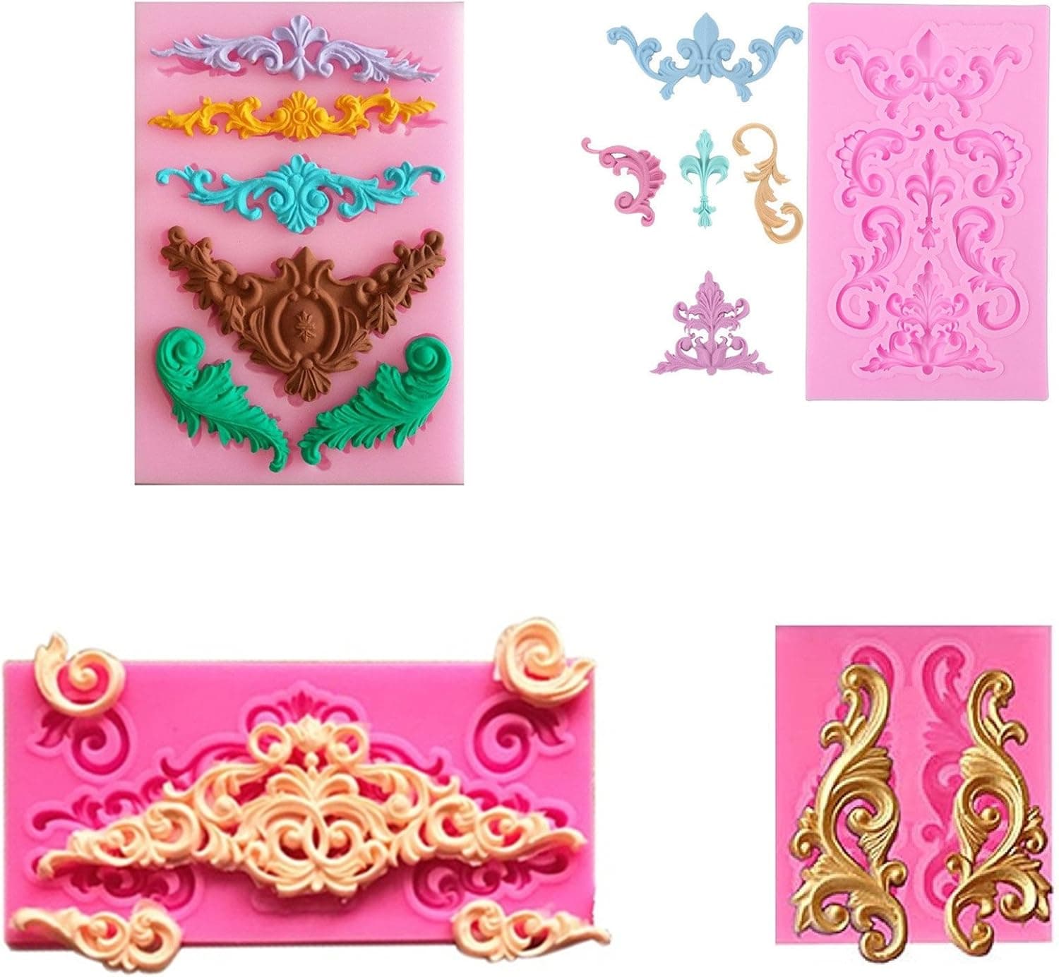 Garloy Vintage European Silicone Cake Border Decorating Tool, 4 Pcs Baroque Style Cupcake Topper Fondant Chocolate Polymer Clay Mold