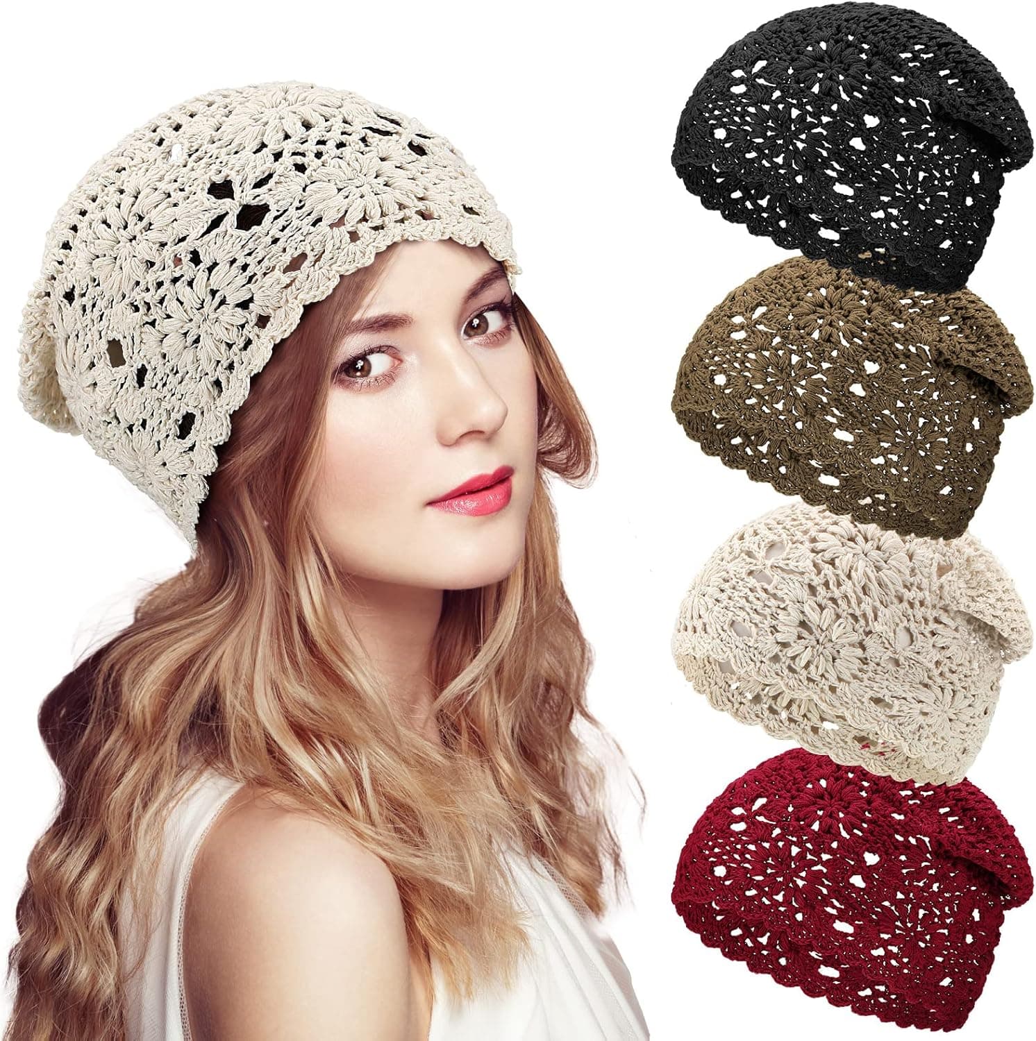 4 Pcs Crochet Slouchy Beanie Hat Fall Handmade Knit Floral Skull Cap Cotton Cutout Summer Hats for Women Lightweight Knitted