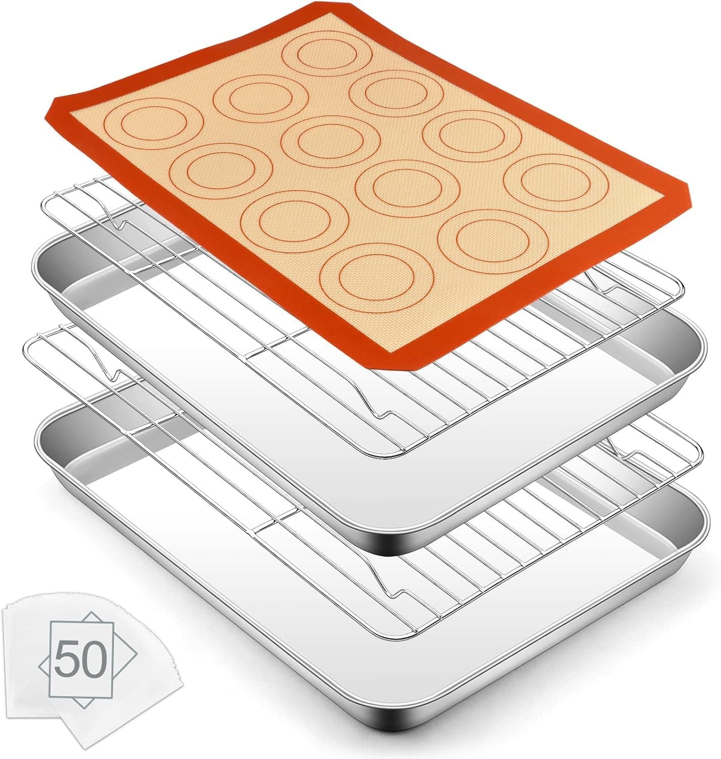 12.5 Inch Toaster Oven Pan with Rack and Silicone Mat, 55Pcs P&P CHEF Stainless Steel Baking Pan Oven Tray Cooling Rack, Oven Safe, 2 Pans + 2Racks + 1 Baking Mat + 50 Parchment Papers