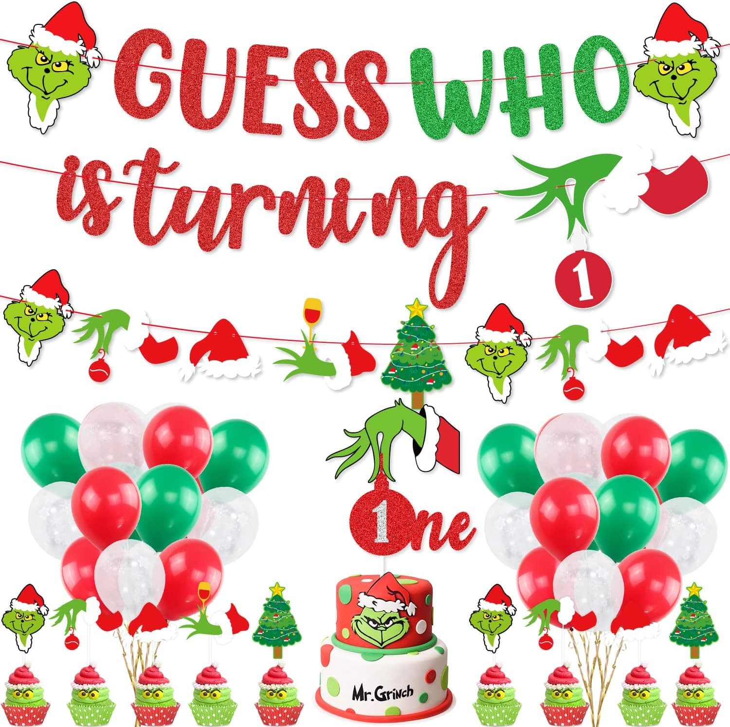 Christmas Birthday Party Decorations, Guess Who Is Turning One Red Green Glittery Banner, Christmas 1st Birthday Party Cake Topper Balloons for Christmas Theme Boys Girls First Birthday Party Supplies