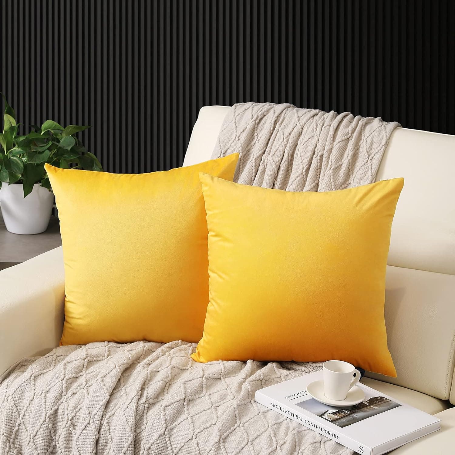 18x18 Velvet Pillow Covers - Decorative Zippered Throw Pillow Cases, Soft Square Couch Pillow Covers - Set of 2 (Yellow)