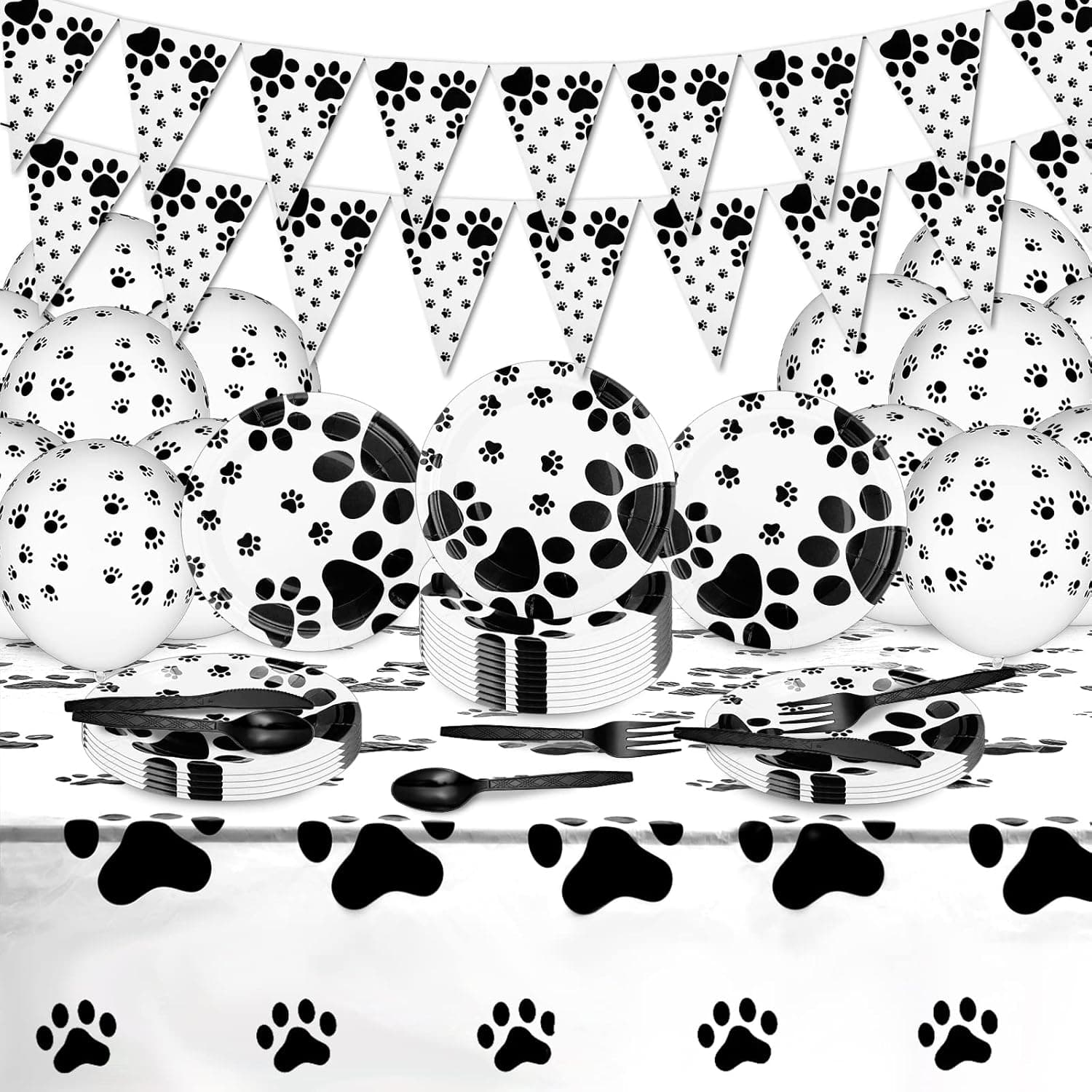 71 Pieces Dog Paw Prints Birthday Party Supplies Dog Paw Print Balloons Puppy Dog Paw Print Plastic Tablecloth Table Cover Dog Tableware Paw Banner Party Decorations for Dog Birthday Party