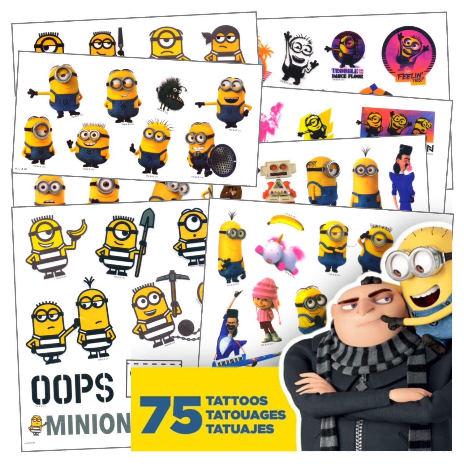Childrens party supplies Despicable Me Tattoos - 75 Assorted Minions & Favorite Despicable Me 3 Characters Temporary Tattoos