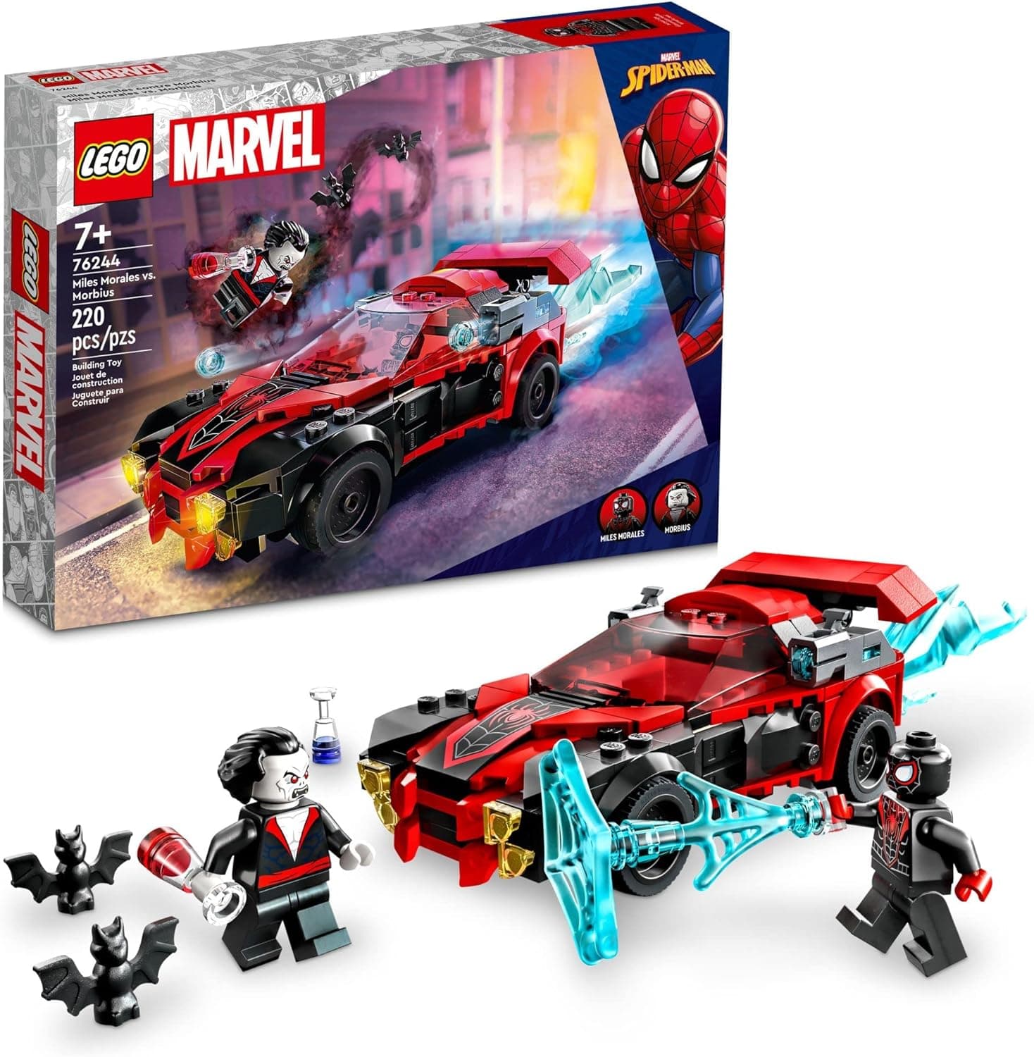 LEGO Marvel Miles Morales vs. Morbius 76244, Spider-Man Building Toy Set for Kids, Boys and Girls with Race Car and Minifigures, Adventures in The Spiderverse