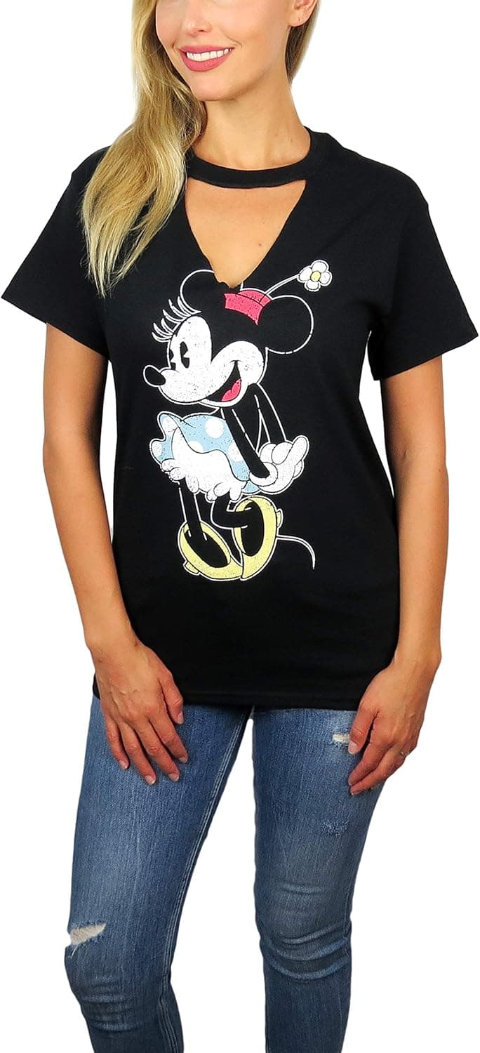 Disney Womens Minnie Mouse Distressed Graphic Gigi Choker Neck Tee