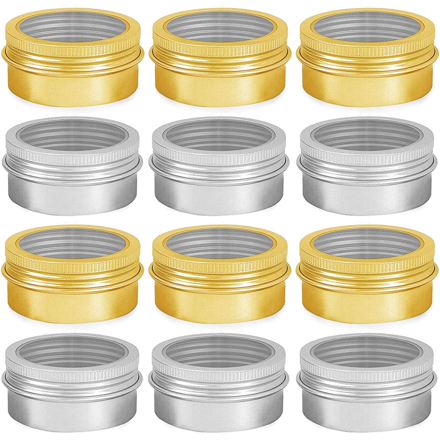 0.5 Ounce Aluminum Tin Cans Empty Containers With Transparent Screw Top Lids for Store Spices, Cosmetic, Lip Balm, Candles, 12 PCS