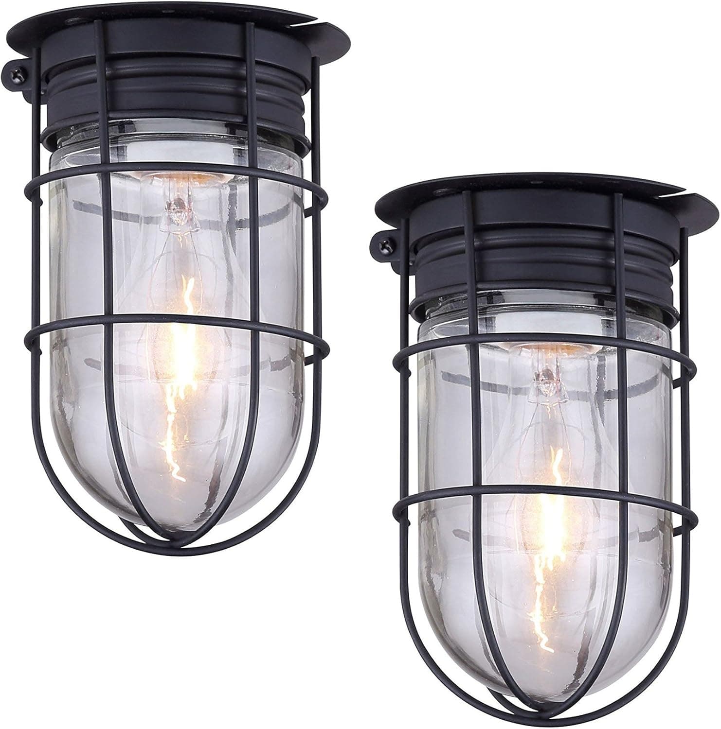 2 Pack of Outdoor Caged Lights Barn Ceiling Exterior Wall All Weather with Cage, Black