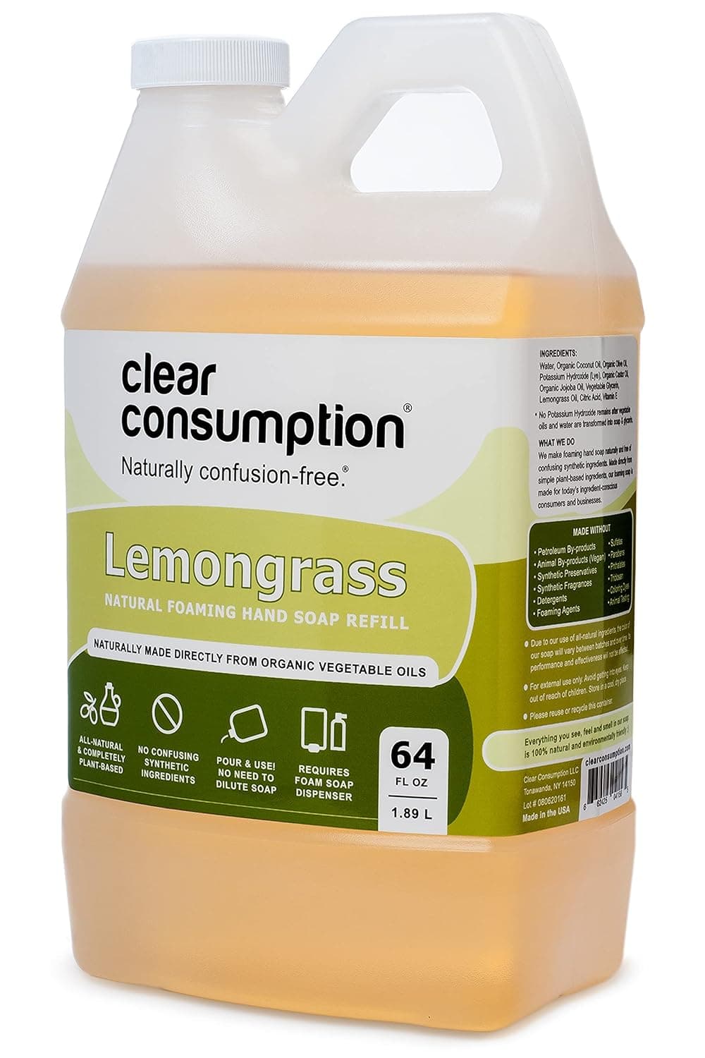 Clear Consumption All Natural Lemongrass Plant-Based Foaming Hand Soap Refill - Made Directly from Organic Vegetable Oils, 64 oz (1/2 Gallon)