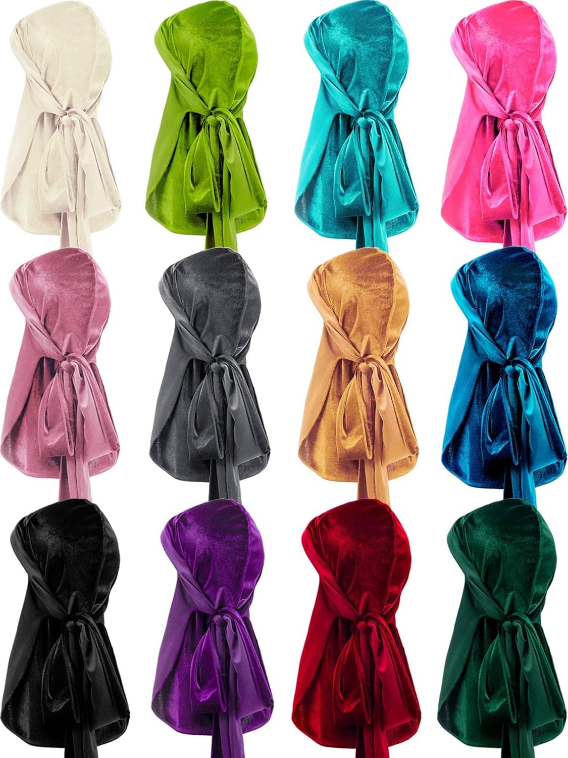 12 Pieces Velvet Durags Caps Wide Strap Headwraps Long Tail Turban Beanies for 360 Wave Men Women (Trendy Color)