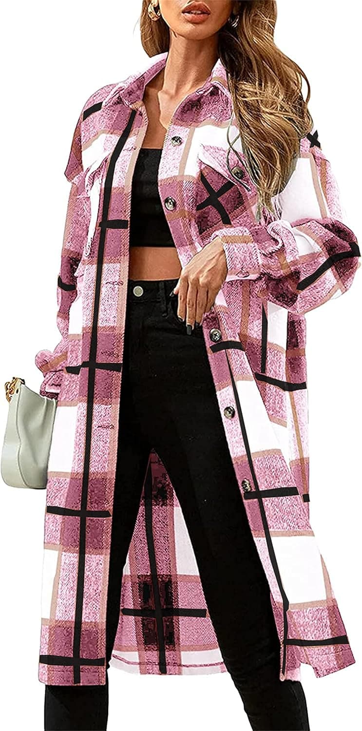 Women 's Casual Plaid Jackets Long Sleeve Lapel Button Down Shacket Fall Tartan Cardigan Overcoats with Pockets