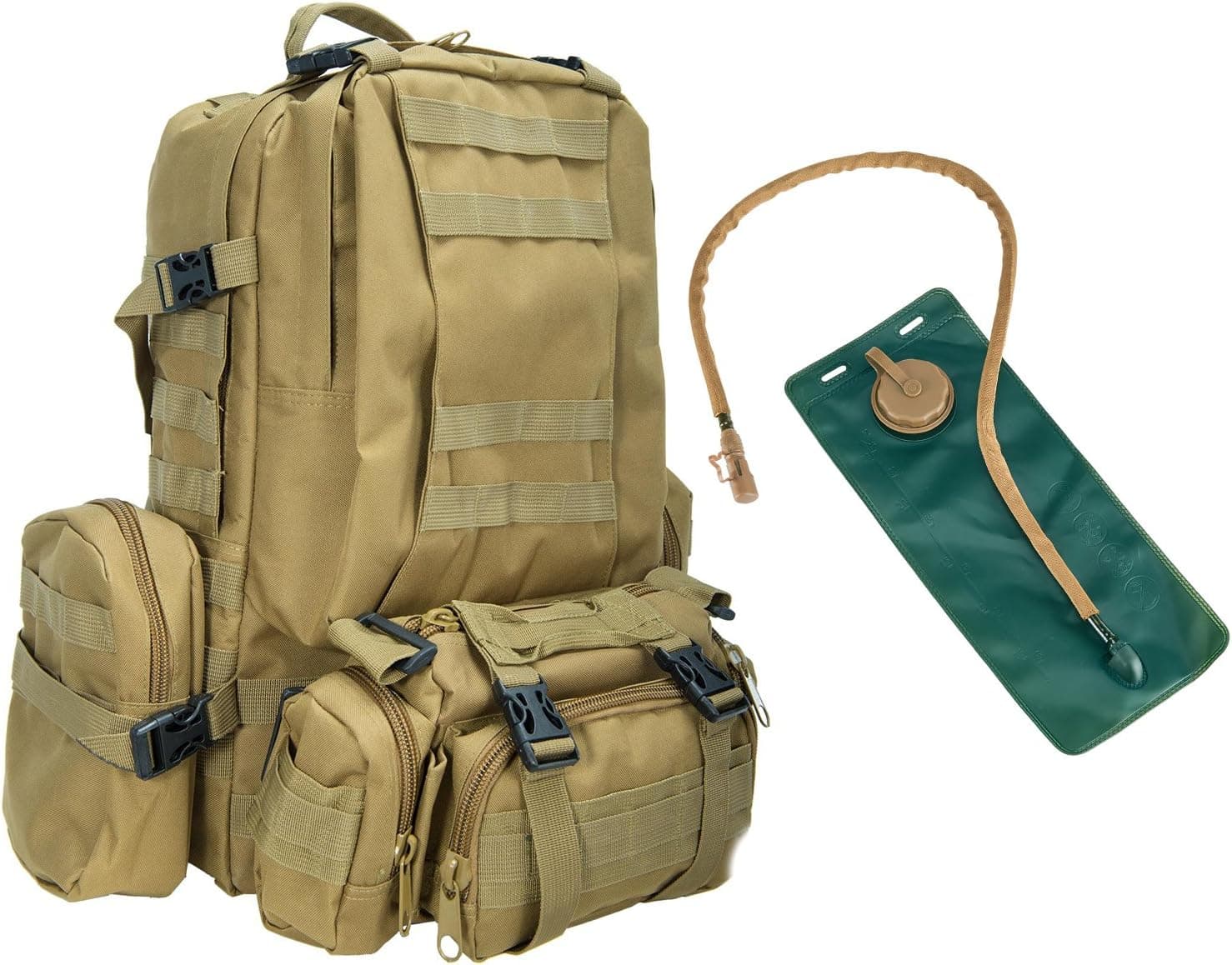 Pinty Premium Large Volume Tactical Backpack Bundle with 3L Hydration Water Bladder and Molle Bags Heavy Duty Nylon