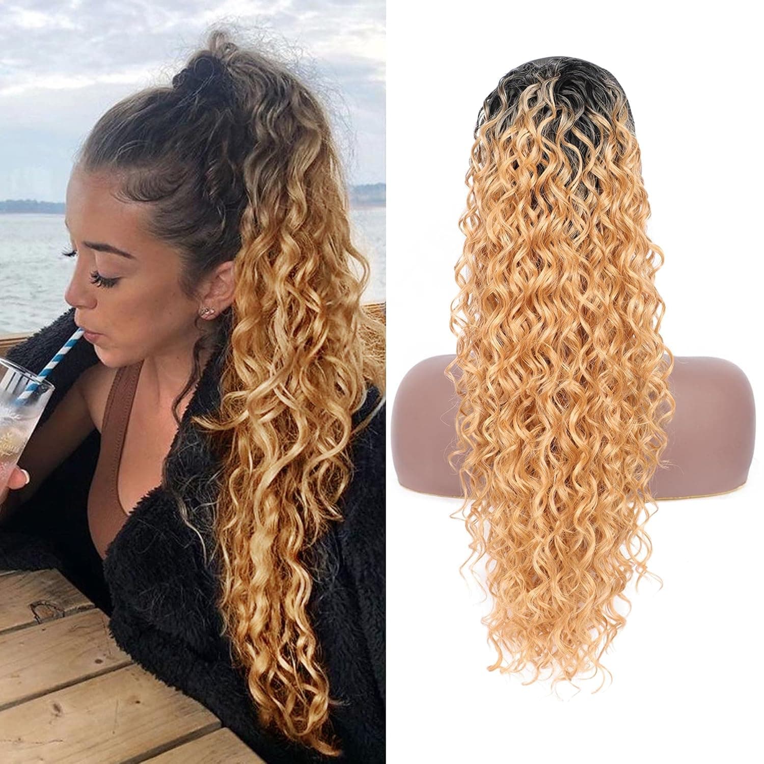 Lexqui 24" Long Curly Wavy Drawstring Ponytail Heat Resistant Synthetic Loose Curls Ponytail Extension for Black Women Handmade Hair Pieces Ombre Honey Blonde High Ponytail