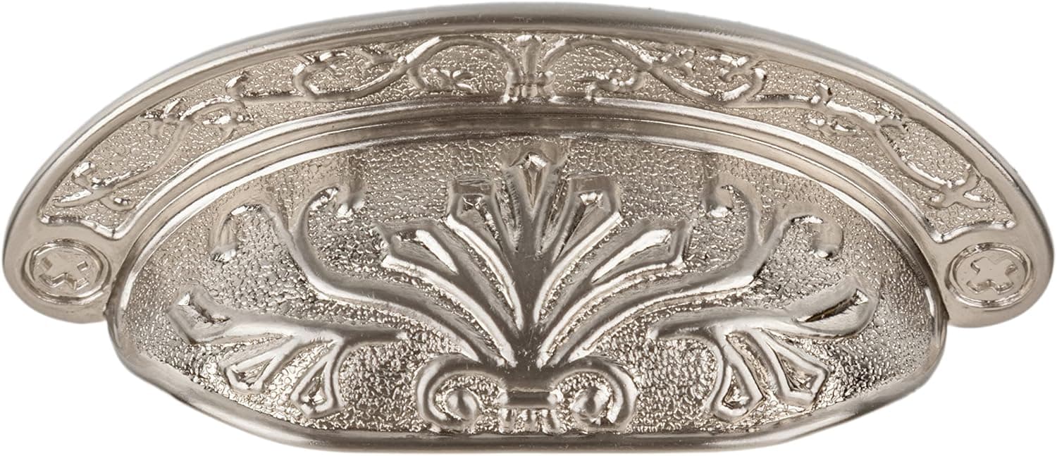 Baroque Scroll Work Brushed Nickel Drawer Bin Pull | Centers: 2 1/2" | Cup Pull Handle for Antique Cabinet Door, Dresser Drawer, Desk | Furniture Reproduction Hardware | P24-P2683 (1)