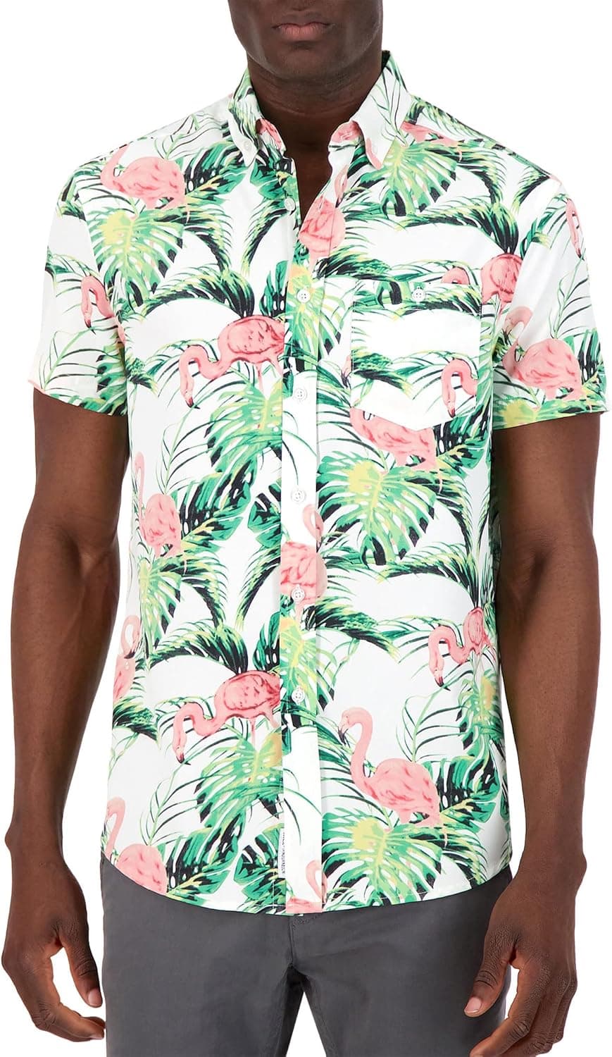 International Report Men's 4-Way Stretch Modern Slim Fit Easy Care Short Sleeve Button Down Printed Shirt