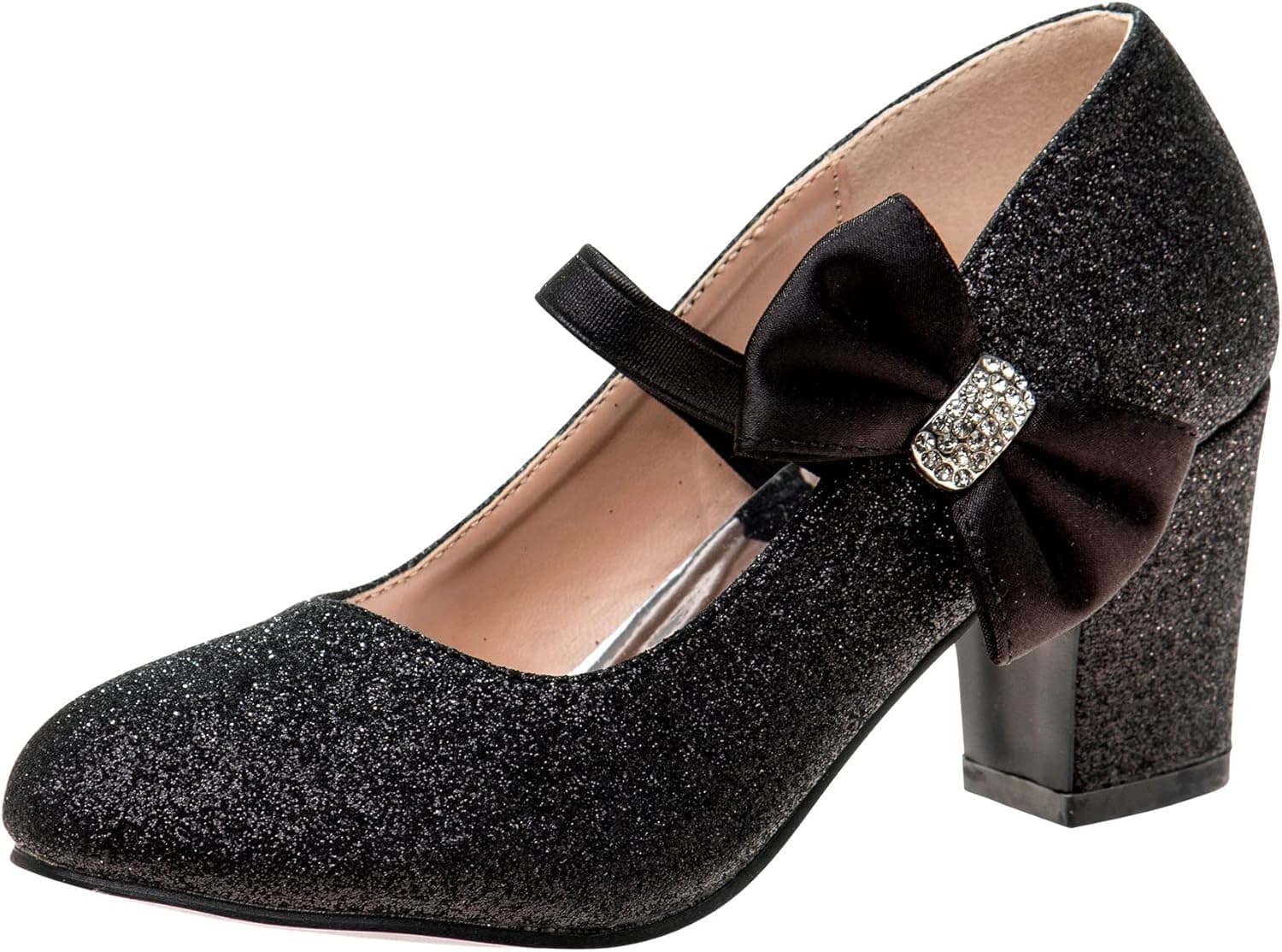 Badgley Mischka Girls Dress Shoes - Kids High Heels Rhinestone Dress Pump Block Heel Sandals with Bow (Little Kid-Big Kid) (Black,Silver)