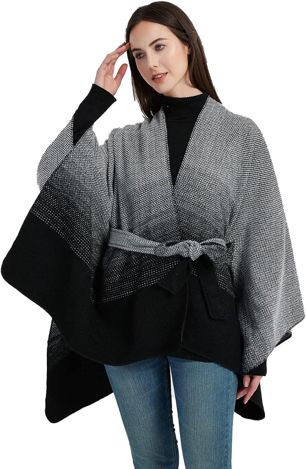 Tikwek Ponchos for Women Open Front Poncho Sweater Plaid Knit Shawl Wrap with Belt and Fringed Sides with Belt.