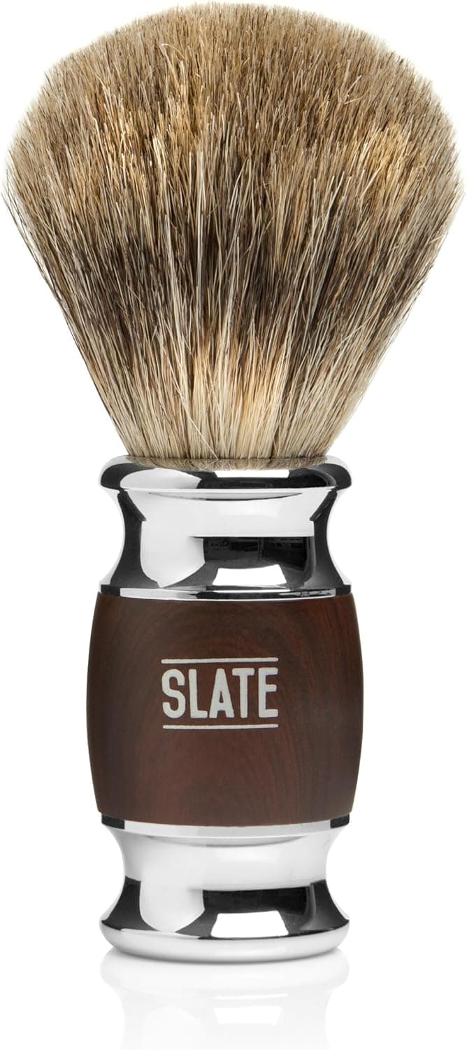 Pure Badger Shaving Brush by Slate Shave- 20m Wide Knot - Faux Rosewood Handle - High Quality Hair and Bristles for The Best in Wet Shaving