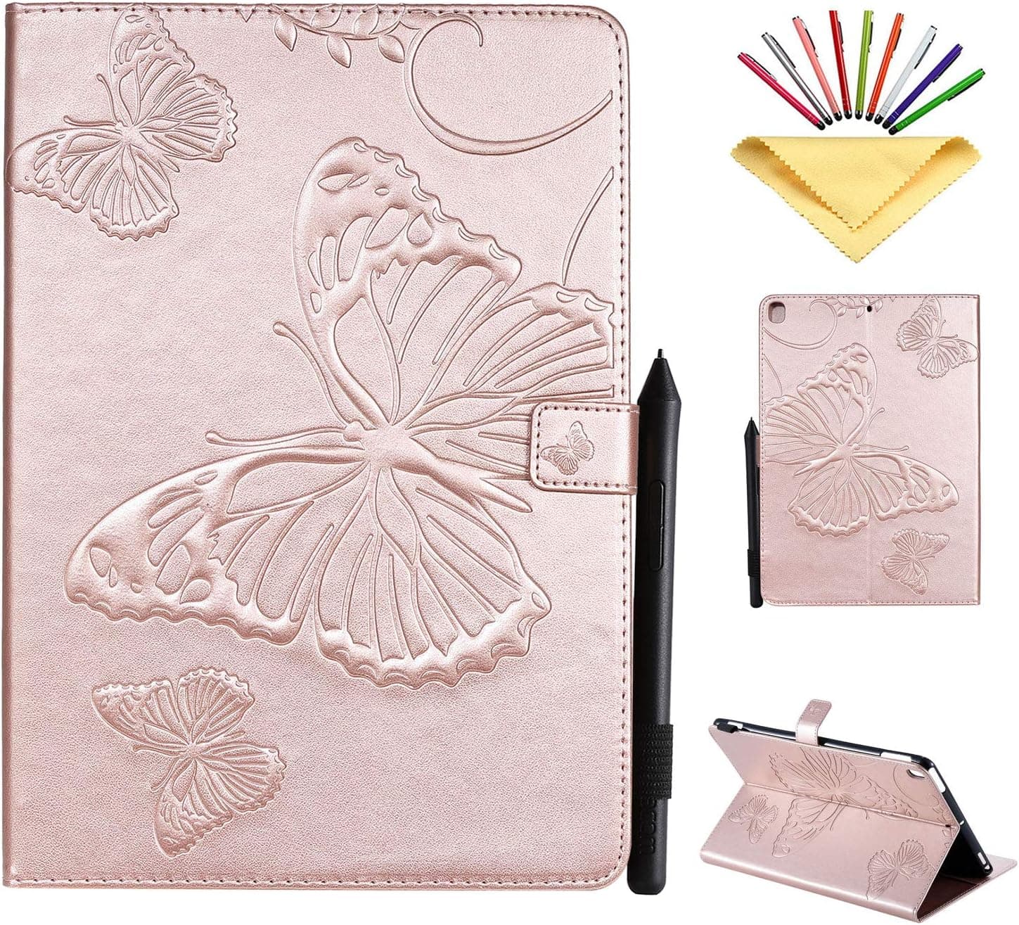 Uliking iPad 10.2 Case 2020 2019 8th/7th Gen with Pencil Holder,iPad Air 3 10.5 inch 3rd Gen 2019/iPad Pro 10.5 2017 Embossed PU Leather Wallet Smart Stand Cover [Auto Wake/Sleep], Rosegold Butterfly