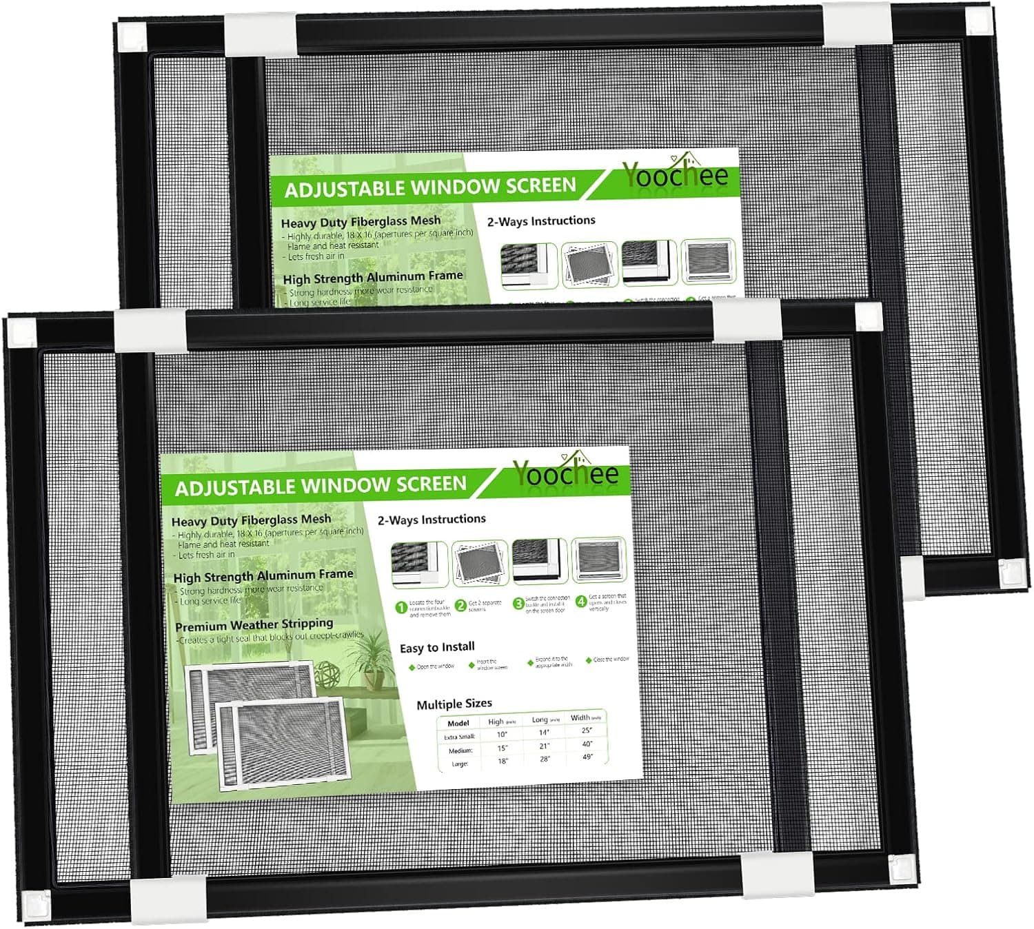 Yoochee Expandable Window Screen, Adjustable Window Screen, Replacement Window Screens with Frame, Durable Replacement Screen Mesh for Window (15" H x 21" - 40" W, Black, Pack of 2)