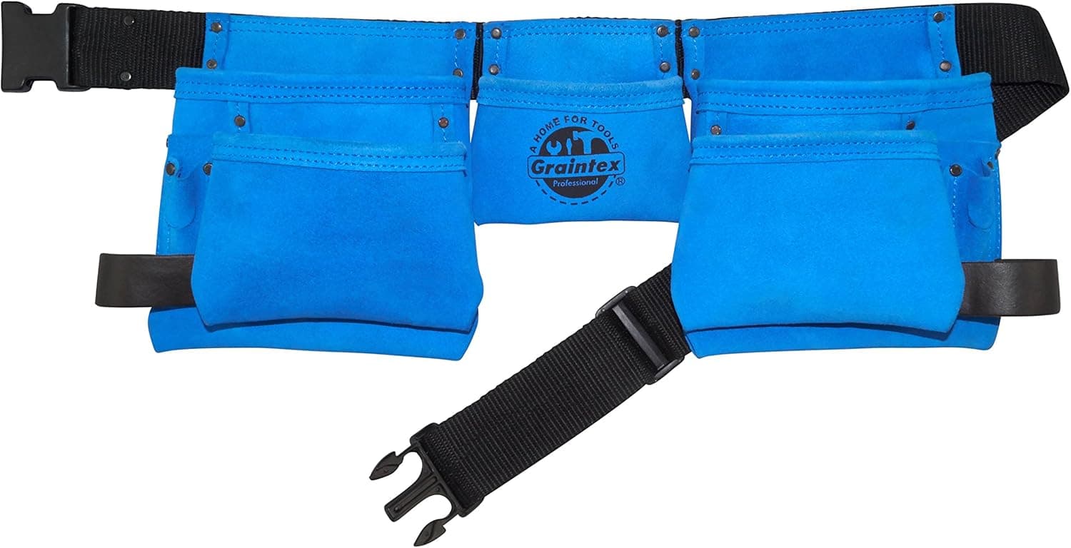 Graintex DS2125 11 Pocket Work Apron Blue Color Suede Leather with 2” Webbing Belt, 2 Hammer Holder Loops for Constructors, Electricians, Plumbers, Handymen