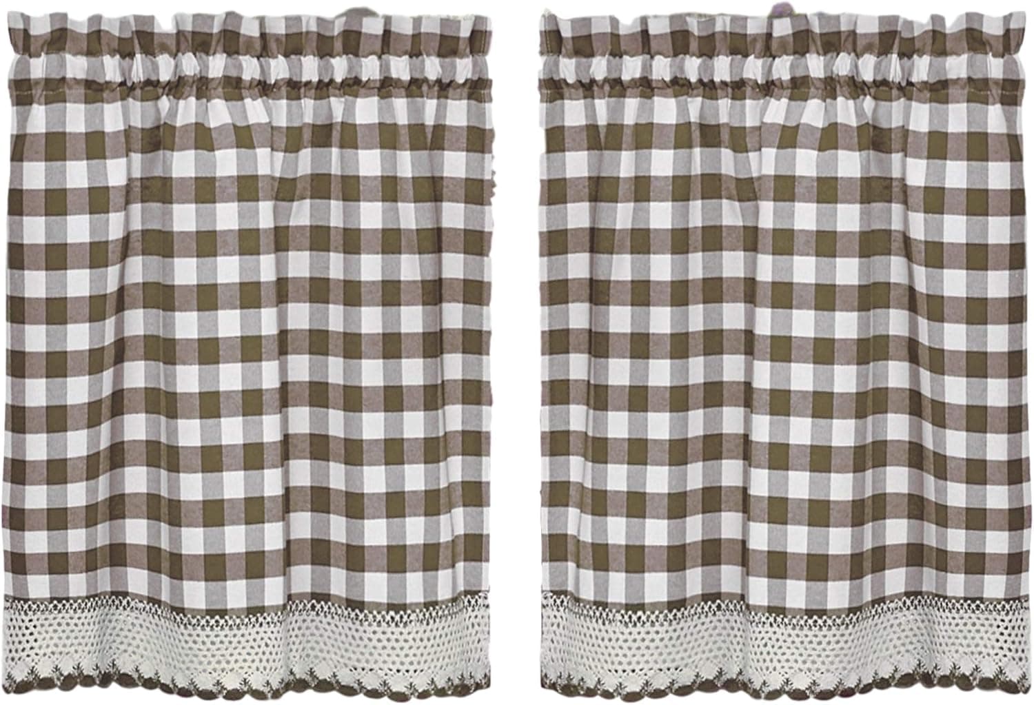 Woven Trends Designer Home Window Panel Curtain Tier Pair Kitchen Drape Plaid Gingham Checked Taupe Checkered Panel