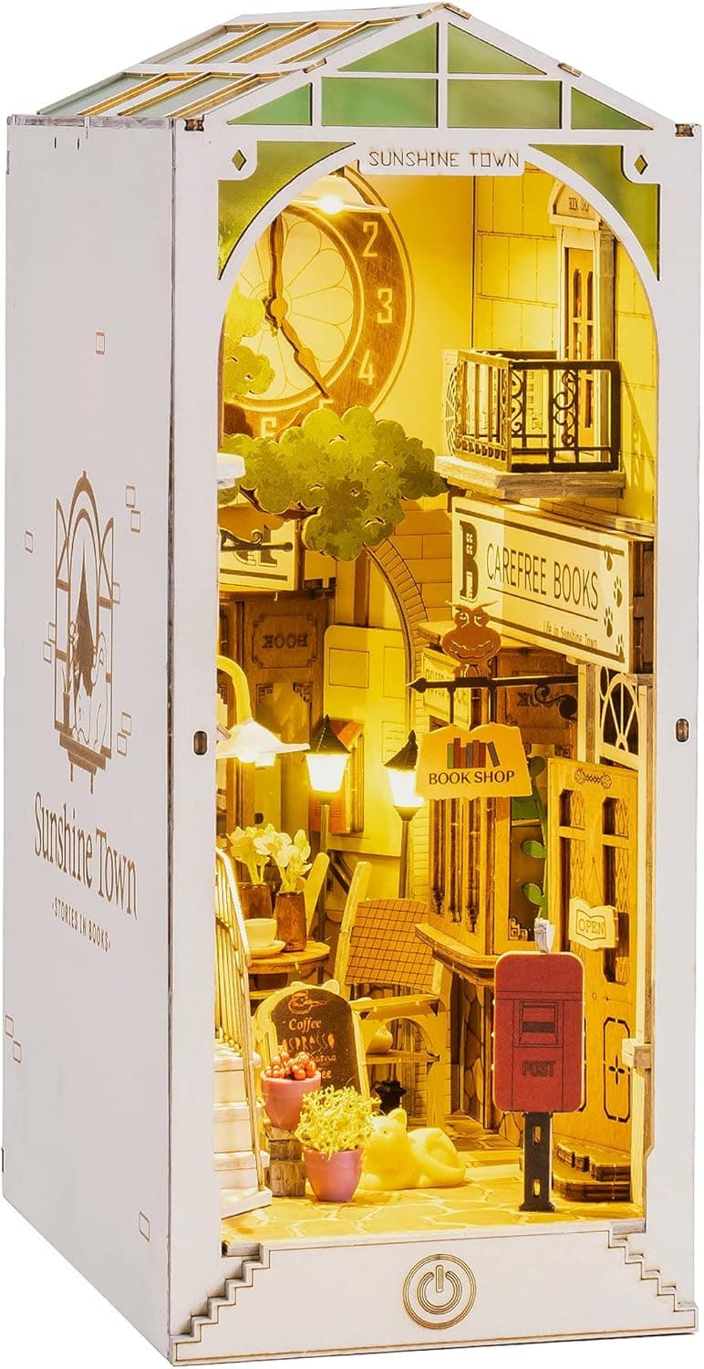 Rolife DIY Book Nook Kit 3D Wooden Puzzle, Bookshelf Indert Decor with LED DIY Bookend Diorama Dollhouse Kit Crafts Hobbies Gifts for Adults/Teens (Sunshine Town)