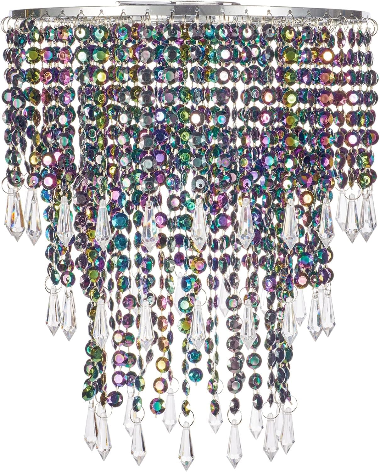 Waneway Acrylic Chandelier Shade, Ceiling Light Shade Beaded Pendant Lampshade with Crystal Beads and Chrome Frame for Bedroom, Wedding or Party Decoration, Diameter 8.7 inches, 3 Tiers, Multicolor