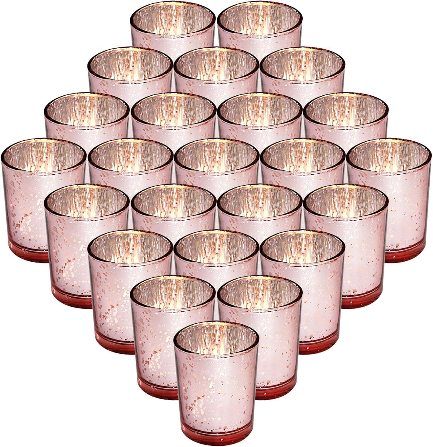 24 Packs Mercury Pink Glass Tea Light Candle Holders, Speckled Gold Rose Tealight Candle Votives for Table Décor, Christmas Decorations, Wedding Centerpieces, Guest Gifts, 2.75 Inch (H)