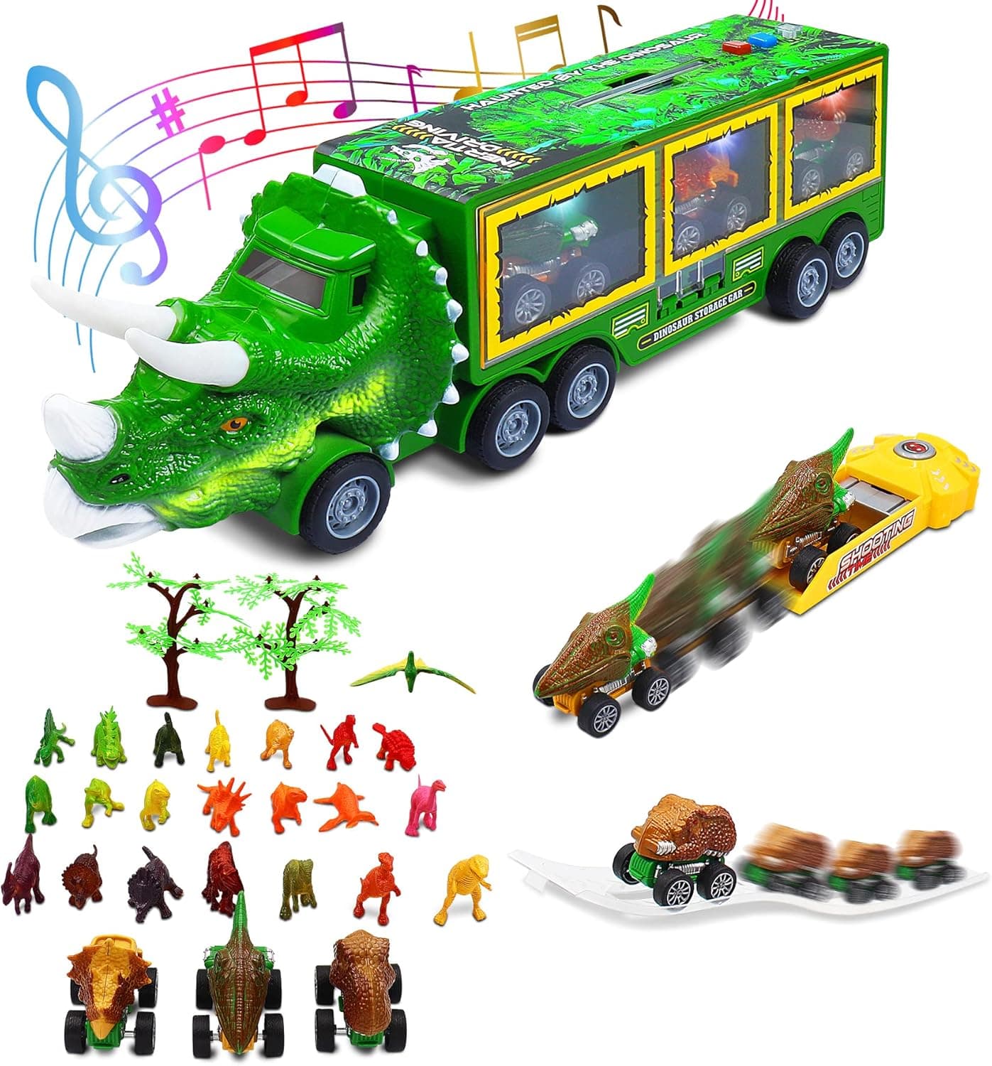 Dinosaur Toys for Kids 3-5, 30 in 1 Dinosaur Transport Toy Truck Playset Toys with Flashing Lights, Music & Roaring Sound, Pull Back Trucks as Christmas Birthday Dino Gift for Toddlers Boys Girls