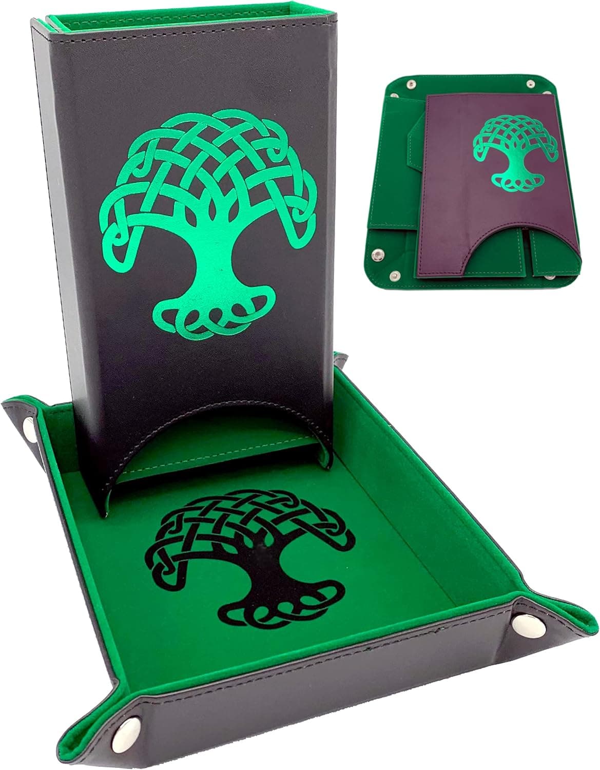 Luck Lab Folding Dice Tower and Dice Tray for RPG Table Top Gaming - Black/Green - Tree of Life Design