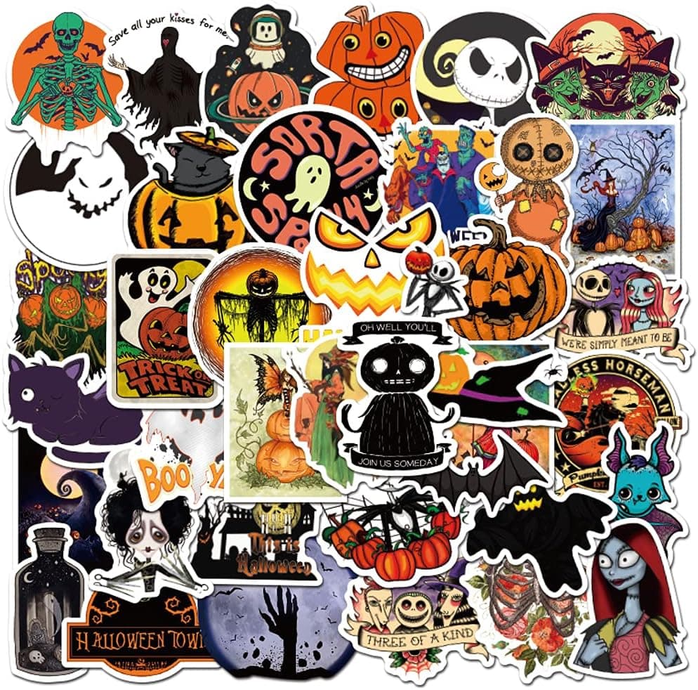 50 Pcs Halloween Stickers for Kids Teens Adults Gift, Witch Pumpkin Skeleton Stickers Pack for Halloween Decor, Waterproof Vinyl Stickers for Laptop, Water Bottles, Window, Halloween Party