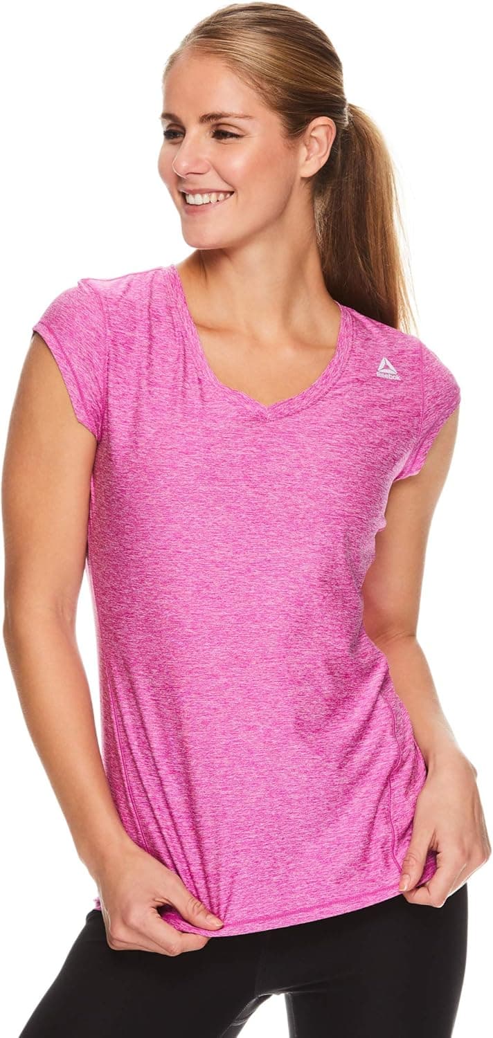 Reebok Women's Cap Sleeve Gym and Workout T-Shirt - Performance V-Neck Athletic Running Top - Perfect Pink Fuchsia Shock Heather, Small