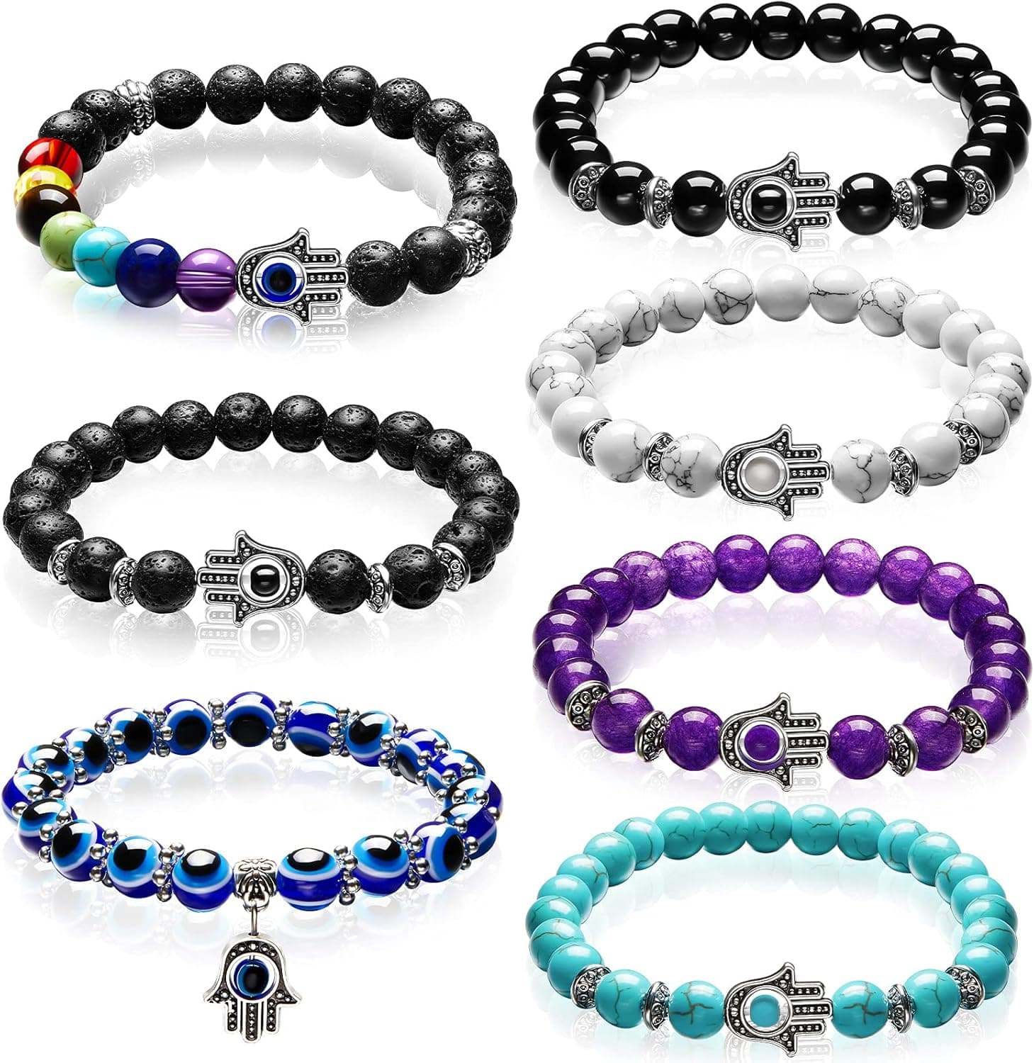 7 Pieces Evil Eye Beaded Bracelet Chakras Gemstone Lava Stone Hamsa Hand Bracelet Stretch Luck Spiritual Bracelets for Women Men