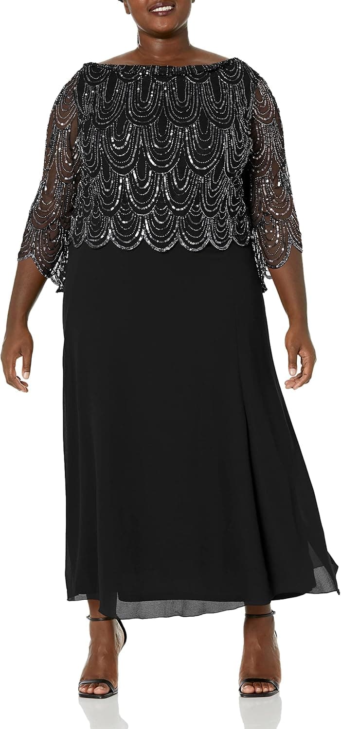J Kara Women's Size 3/4 Scallop Beaded Pop Over Gown Plus
