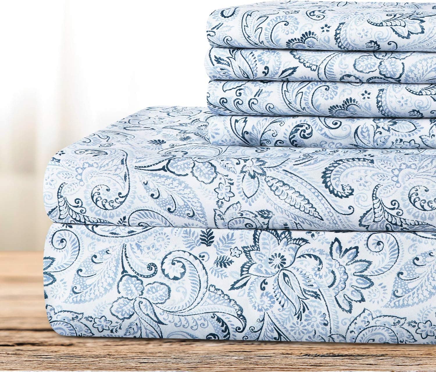 BYSURE Hotel Luxury Printed Bed Sheets Set 6 Piece (Queen, Paisley-Blue) - Super Soft 1800 Thread Count 100% Microfiber Sheets with Deep Pockets, Wrinkle & Fade Resistant