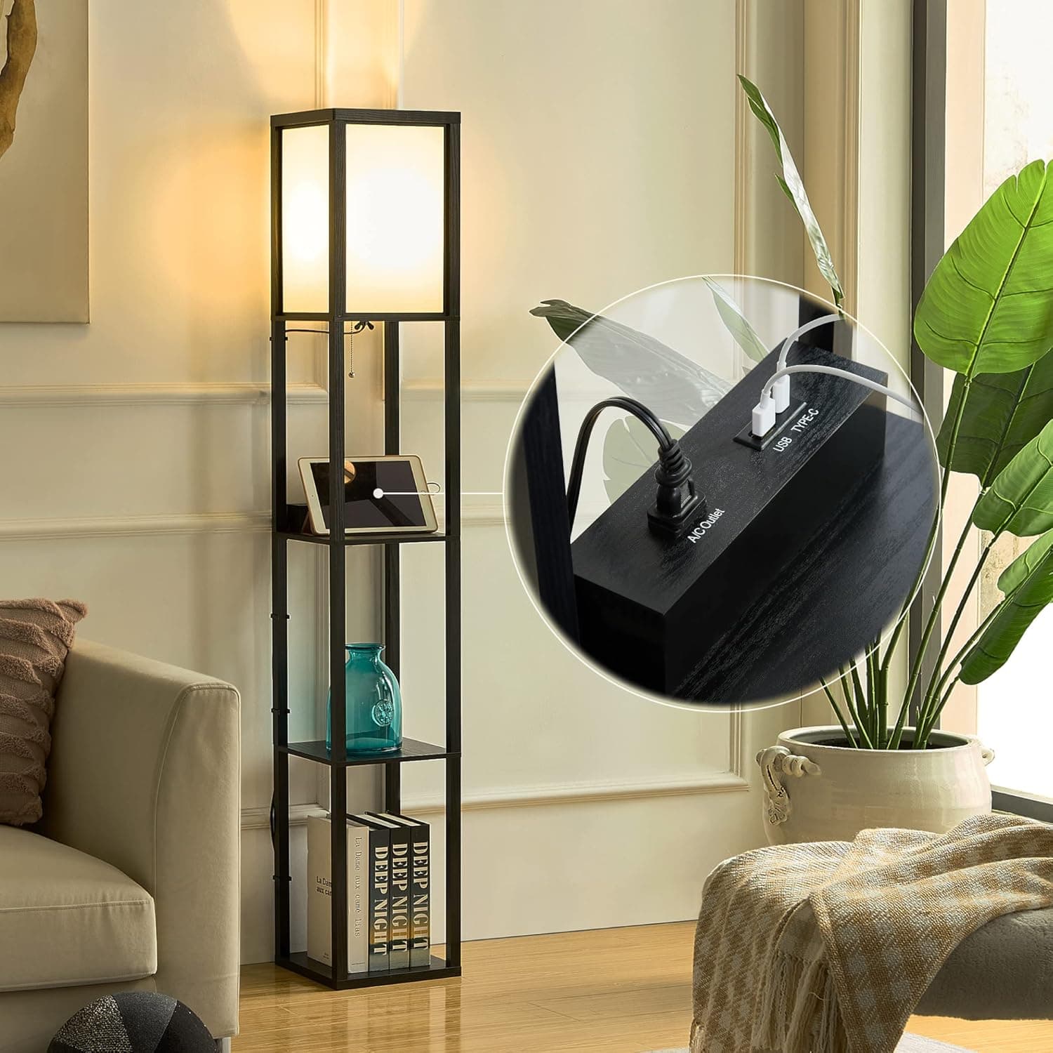 ATAMIN Avery LED Floor Lamps with Shelves, Sturdy Corner Shelf Floor Lamps for Living Room, Fast Charging USB, Type-C and Power Outlet, Durable Standing Lamp for Bedroom Display Shelf Cabinet - Black