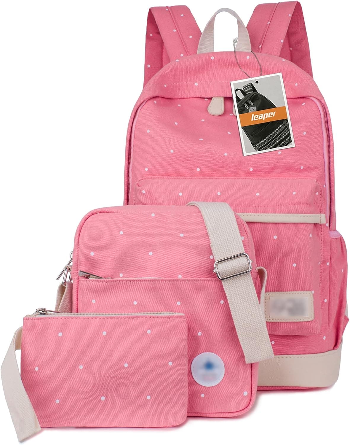 Leaper Cute Dots School Backpack Cross Body Bag Pencil Bag Pink