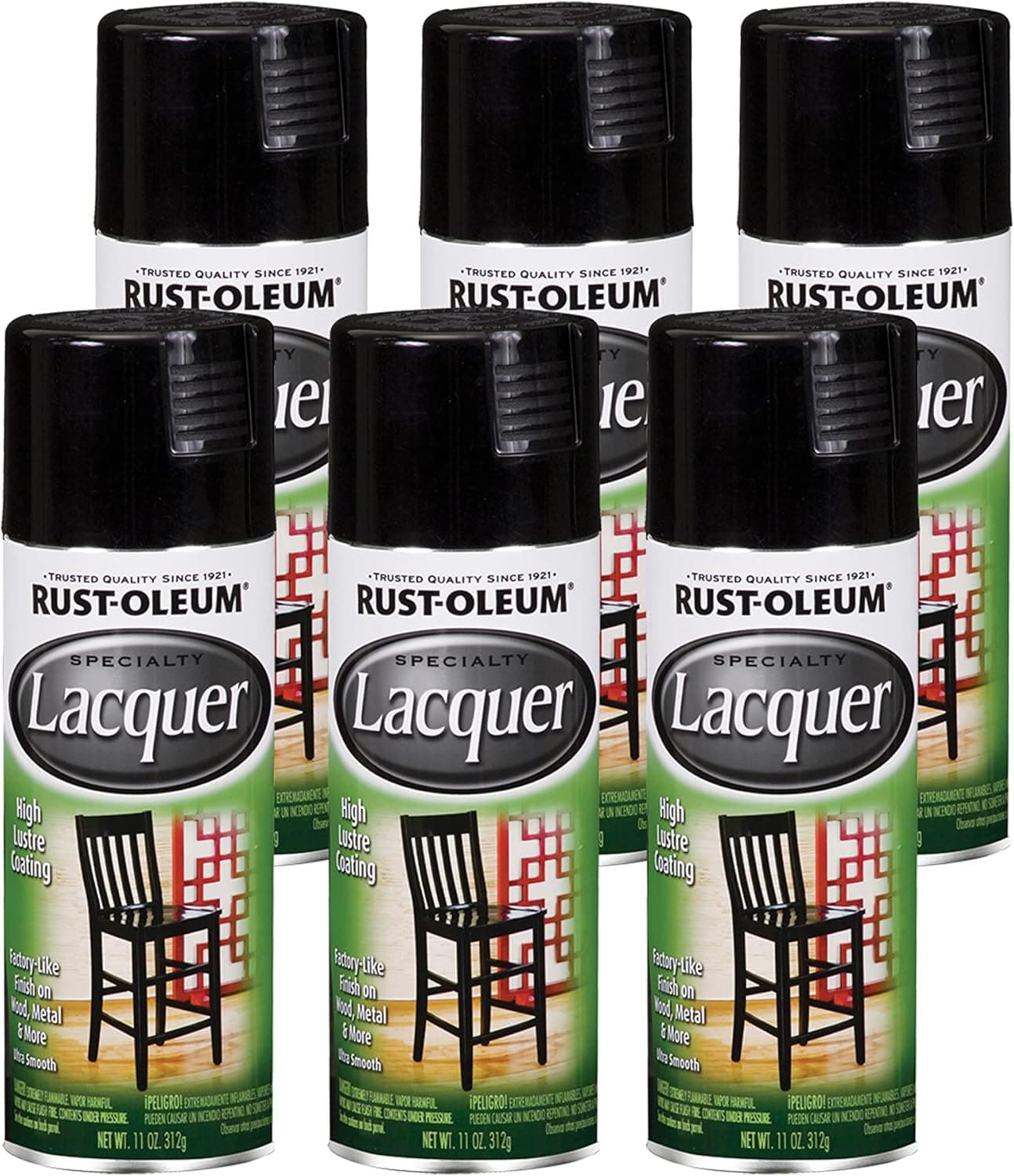 Rust-Oleum 1905830-6PK Lacquer Spray Paint, 11 oz, Gloss Black, 6 Pack